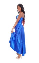Obraz na płótnie Canvas African American woman in blue dress in profile.