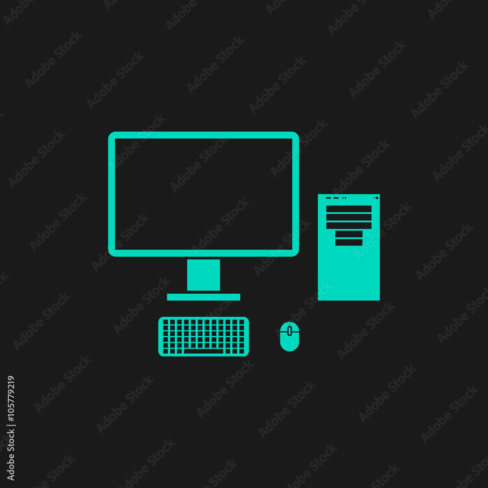 Poster computer case with monitor, keyboard and mouse, vector icon.