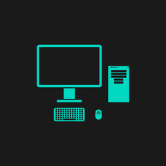 Computer case with monitor, keyboard and mouse, vector icon.