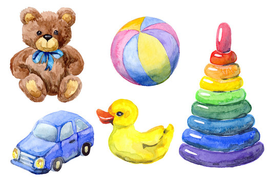 Hand drawn watercolor set of toys