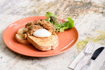 Beef in curry and benedict egg sanwich