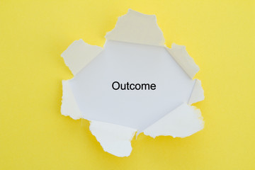 Outcome word written under torn paper.