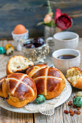 Breakfast with the Easter buns with raisins.