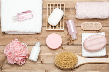 Obraz na płótnie Canvas Shampoo, Soap Bar And Liquid. Shower Gel. Towels. Spa Kit. Top V