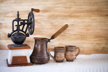 Vintage coffee grinder turkish and cup