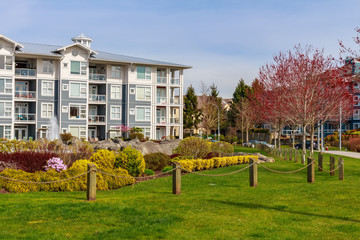Backyard of modern apartment building in Vancouver, BC, Canada