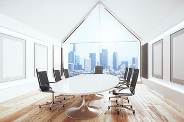 Luxury conference room with desk and chairs and big window