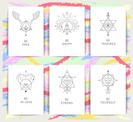 Set of vector geometric alchemy symbols with inspired phrases / abstract occult and mystic signs / business card templates / line hipster logotype.
- 105786246