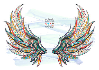 Patterned wings on the grunge background. African / indian / totem / tattoo design. It may be used for design of a t-shirt, bag, postcard, a poster and so on.   - 105786498