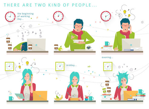 Concept of two kind of people /  early and late risers / night and morning person / working capacity / efficiency