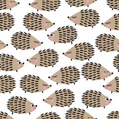 Seamless pattern with cute hedgehogs. Childish vector background with cartoon characters. Cute cartoon animal background. Child drawing style hedgehog illustration. - 105787236