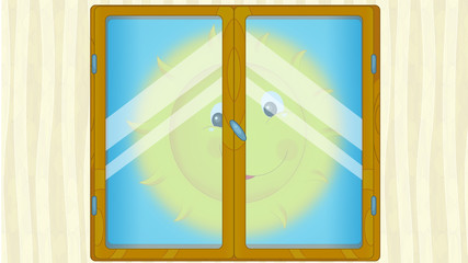 Cartoon scene with weather in the window - sunny - illustration for children