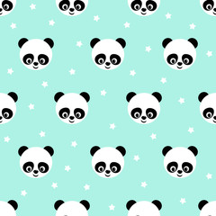 Fototapety  Panda z gwiazdami wzór na niebieskim tle. Śliczny wzór do nadruku na ubrankach dla niemowląt. Tło wektor z uśmiechniętym dzieckiem panda zwierzę. Ilustracja w stylu dziecka.