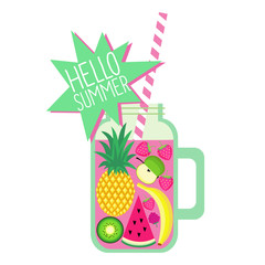 Hello summer card. Fresh smoothie and fruits on white background. Healthy lifestyle concept. Fresh detox smoothie with strawberry, banana, pineapple, apple, watermelon and kiwi.