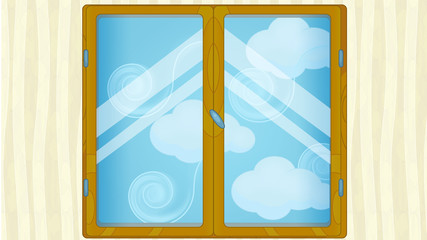 Cartoon scene with weather in the window - windy - cloudy - illustration for children