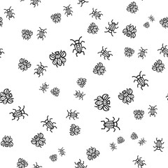 Seamless pattern with hand-drawn bug insects. Black and white monochrome insect texture. Beetle bugs vector pattern ornament.