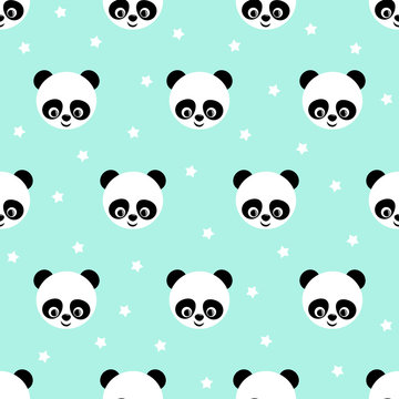 Panda with stars seamless pattern on blue background. Cute design for print on baby's clothes. Vector background with smiling baby animal panda. Child style illustration.