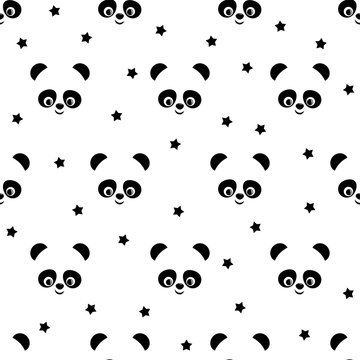 Panda with stars seamless pattern on white background. Cute vector background with smiling baby animal panda. Child style illustration.
