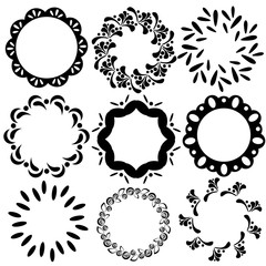 Vector simple floral and geometric circle frames. Vintage design for wedding, invitation, greeting cards, websites. Drops, leaves, flowers, dots, ovals