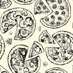 Seamless pattern with different pizza slices