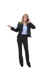 blond hair businesswoman talking upset and in stress on mobile phone