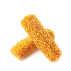 Pile of breaded crab sticks isolated