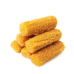 Pile of breaded crab sticks isolated