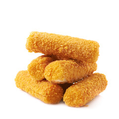 Pile of breaded crab sticks isolated