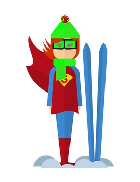 Female superhero on the snow with skis