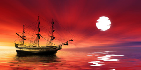 Sailboat against beautiful sunset landscape