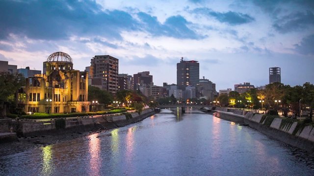Hiroshima, Japan skyline at the Atomic Bomb Dome.