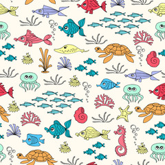 Obraz na płótnie Canvas Vector seamless pattern with hand drawn colored fish
