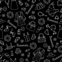 Vector seamless pattern with hand drawn isolated swimwear on black color