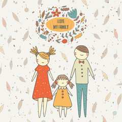 Cute hand drawn doodle card with family 