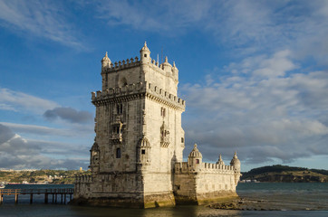 Fototapeta na wymiar belem tower, rear view of the belem tower at sunset, symbol of lisbon