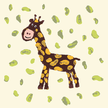 Giraffe with smile. Child drawing. Cheerful brown giraffe with yellow spots is on light-yellow background with green beans