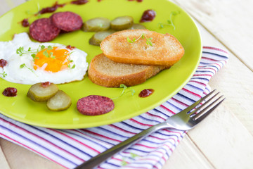 Eggs with sausages and toasts for breakfast