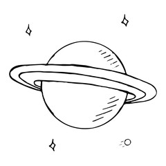 Vector doodle planet Saturn with stars, hand drawn illustration