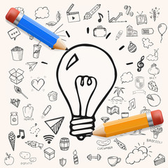 Vector light bulb hand drawn, doodle illustration with yellow and blue pencil for design, set of doodle objects