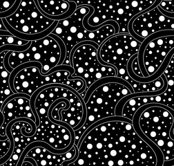 Abstract vector seamless pattern with figured lines and white dots. Endless decorative texture