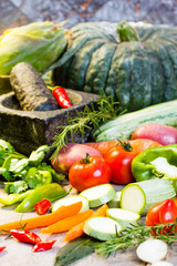 Vegetarian ingredients (vegetables and seasoning) for cooking. Vegetarian o healthy food concept