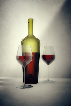 red wine bottle with two glasses