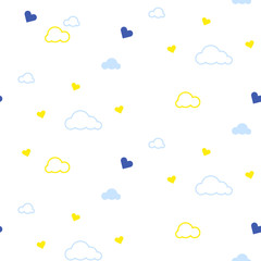 Cute seamless pattern with clouds and hearts. Light design for kids. Vector illustration for nursery and babies. Bed linen and apparel fabric.