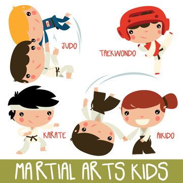 asian martial arts kids. children fighting. judo boys, taekwondo character, karate kid and aikido girl fighting boy.