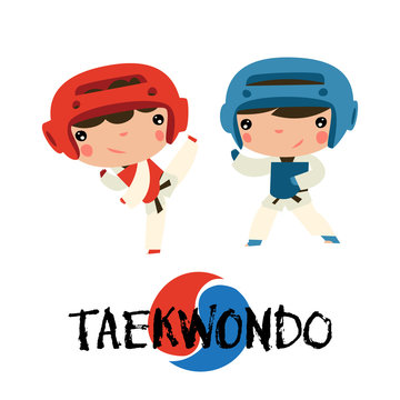 taekwondo kids fighting. Eastern matrial arts characters in uniform.