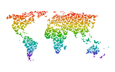 Fototapeta na wymiar World Map With Silhouettes Of Rainbow Butterflies