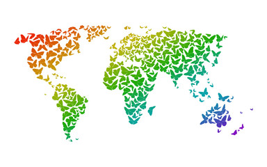 World Map With Silhouettes Of Rainbow Colored Butterflies