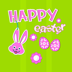 Happy Easter Holiday Banner Rabbit Bunny Painted Eggs Colorful Greeting Card 