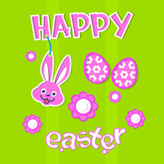 Happy Easter Holiday Banner Rabbit Bunny Painted Eggs Colorful Greeting Card 