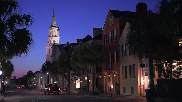 Charleston, South Carolina, USA Cityscape In The Historic French Quarter At Twilight.